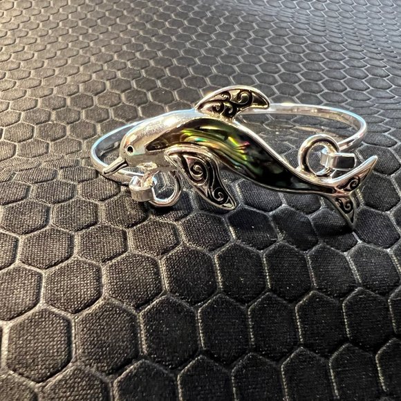 Dolphin Bracelet with Green Abalone Stones 18K White Gold Plated - Picture 1 of 1